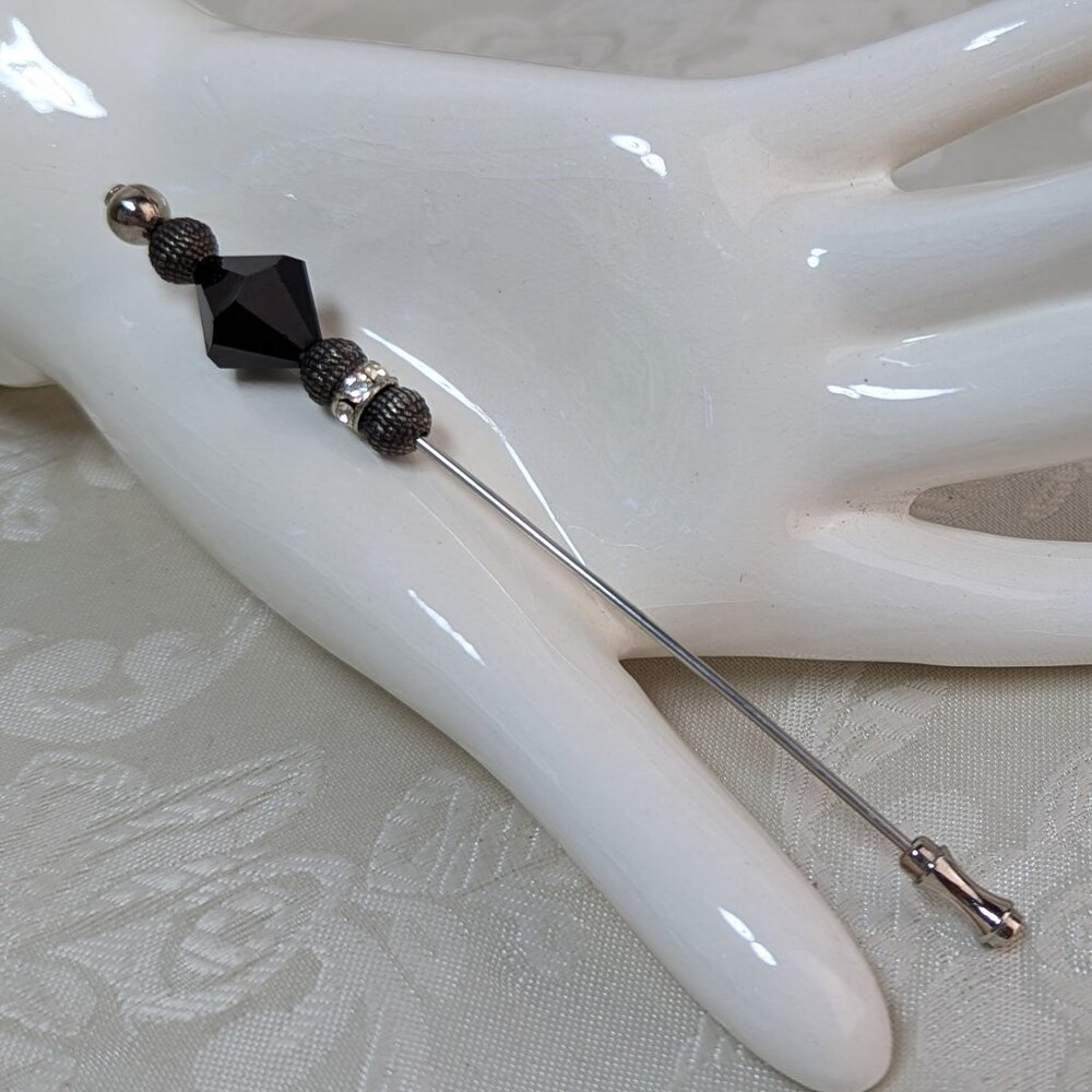 Vintage Stick Pin Stickpin Black, Rhinestone, and Silver Metal